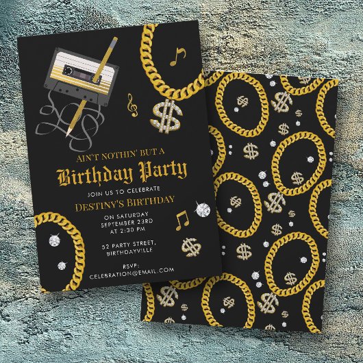 Invitation Hip Hop Gold Chain Cassette 80's 90's Birthday