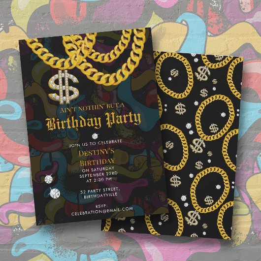 Invitation Hip Hop Gold Chain Graffiti 90's Birthday Party