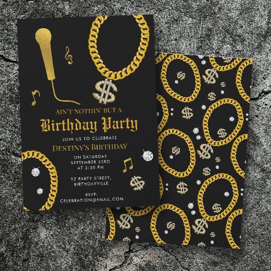 Invitation Hip Hop Gold Chain Microphone 80's 90's Birthday
