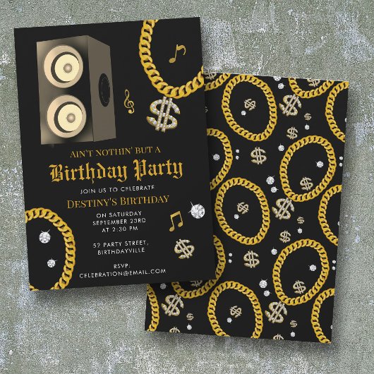 Invitation Hip Hop Gold Chain Subwoofer 80's 90's Birthday
