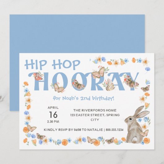 Invitation Hip hop Hooray Bunny et Butterfly Boy's Birthday (Devant / Derrière)