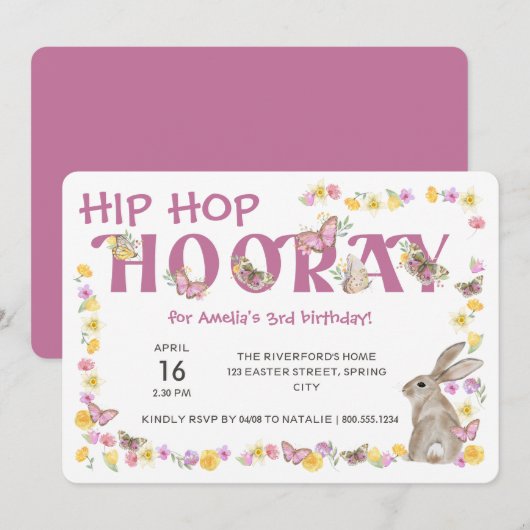 Invitation Hip hop Hooray lapin d'anniversaire de la fille et (Devant / Derrière)