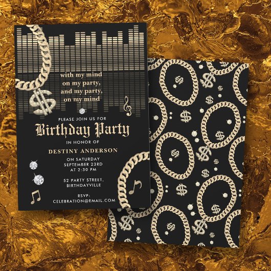 Invitation Hip Hop Rap Music Gold Link Chain 90's Birthday
