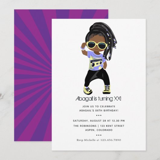 Invitation Hip hop thème Fille Anniversaire (Devant / Derrière)