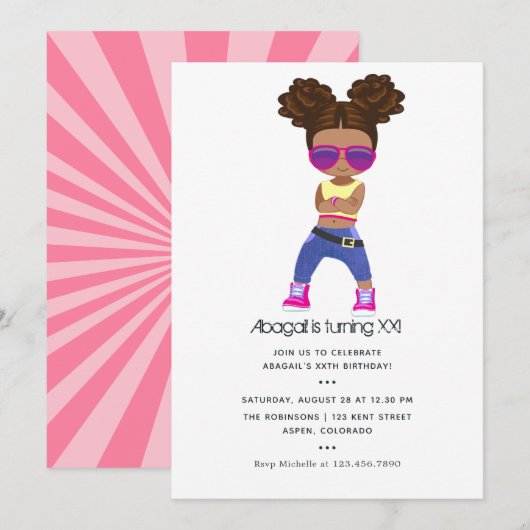 Invitation Hip hop thème Fille tresses Anniversaire Invitatio (Devant / Derrière)