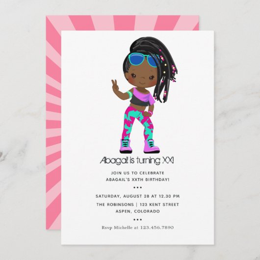 Invitation Hip hop thème Fille tresses Anniversaire Invitatio (Devant / Derrière)