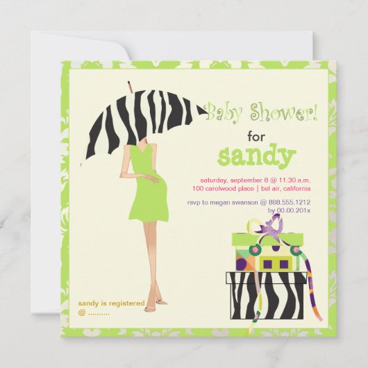 Invitation Hip mama, damas vert citron/baby shower zèbre (Devant)