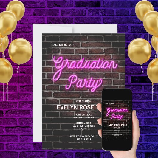 Invitation Hip Pink Neon Signé Parti de Graduation