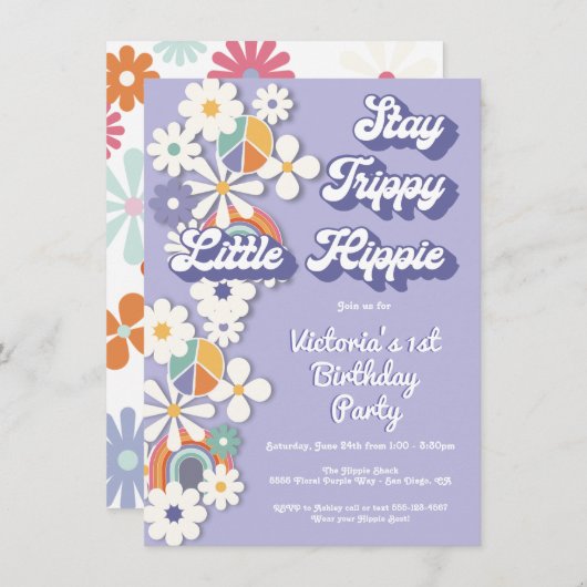 Invitation Hippie 1960's Peace Love & Party Anniversaire I (Devant / Derrière)