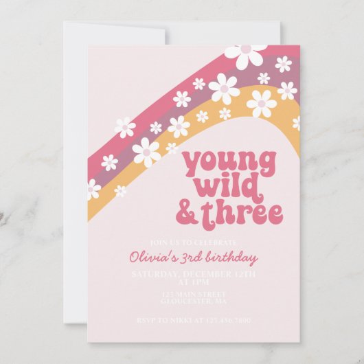 Invitation Hippie Daisy Young Wild et trois Anniversaire (Devant)