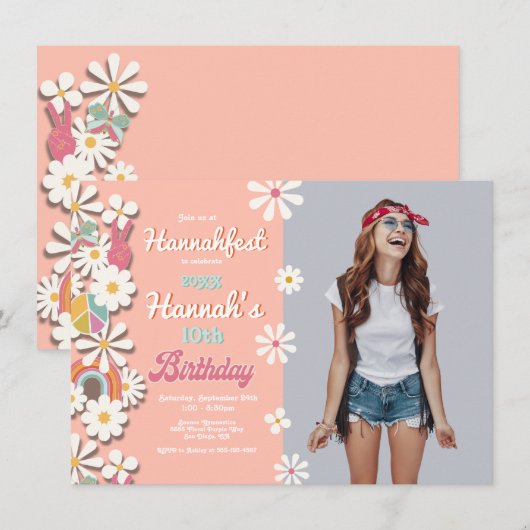 Invitation Hippie Flower Power les années 70 60s Anniversaire (Devant / Derrière)