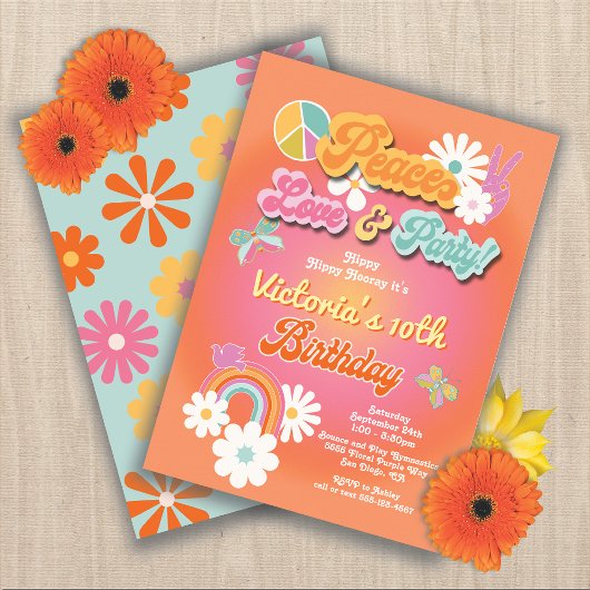 Invitation Hippie Flower Power les années 70 60s Anniversaire