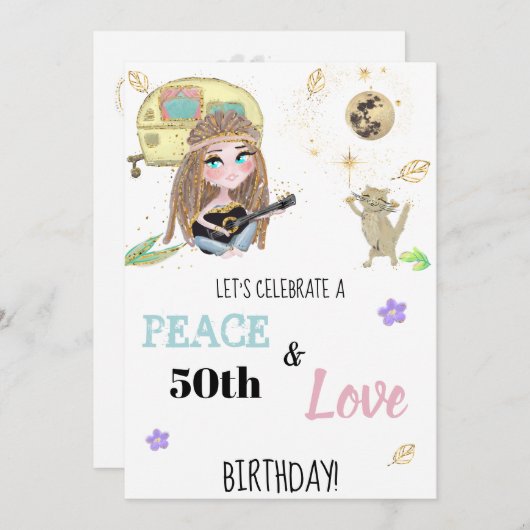 Invitation * Hippie Paix & Amour Camping Parties scintillant  (Devant / Derrière)