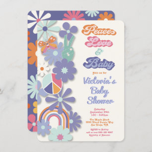 Invitation Hippie Peace Love & Baby les années 70 60s Baby sh