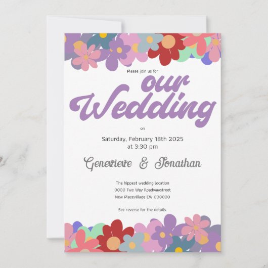Invitation Hippie QR code fleur puissance funky mariage super (Devant)