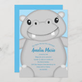 Invitation Hippo Anniversaire bleu (Devant / Derrière)