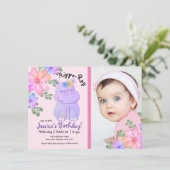 Invitation Hippo Aquarelle Anniversaire Fille Floral (Debout devant)