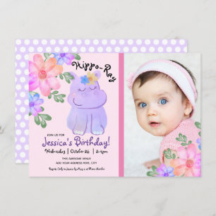 Invitation Hippo Aquarelle Anniversaire Fille Floral