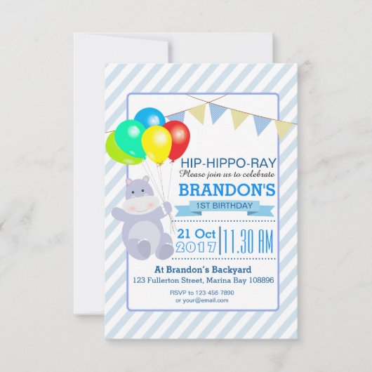 Invitation Hippo Balloons Adventure 1er anniversaire Bash (Devant)