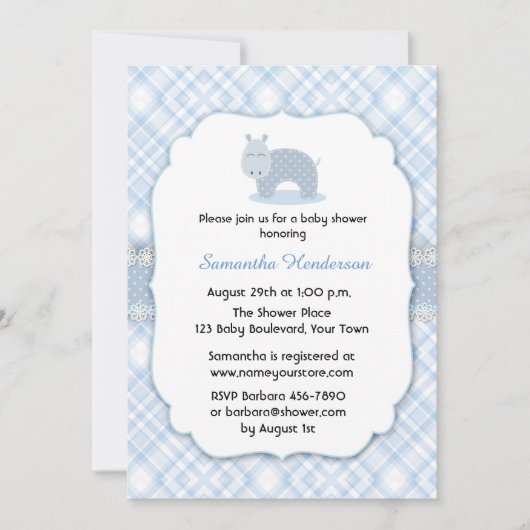Invitation Hippo bleu, Baby shower (Devant)