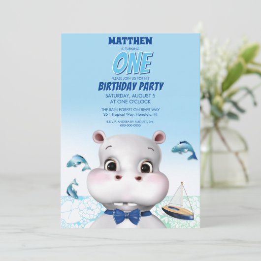 Invitation Hippo Blue Fish Boy Anniversaire (Debout devant)