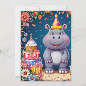 Invitation Hippo d'anniversaire avec gâteau et ballons (Devant)
