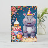 Invitation Hippo d'anniversaire avec gâteau et ballons (Debout devant)