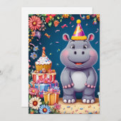 Invitation Hippo d'anniversaire avec gâteau et ballons (Devant / Derrière)