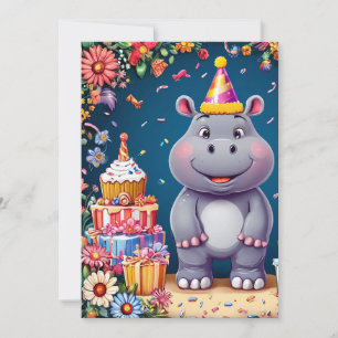 Invitation Hippo d'anniversaire avec gâteau et ballons