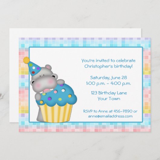 Invitation Hippo et Cupcake (Devant / Derrière)