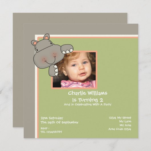 Invitation Hippo fête d'anniversaire (Devant / Derrière)
