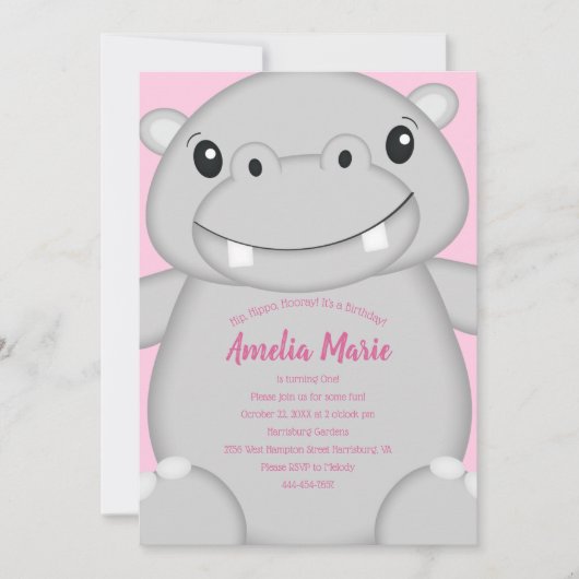 Invitation Hippo fête d'anniversaire rose (Devant)