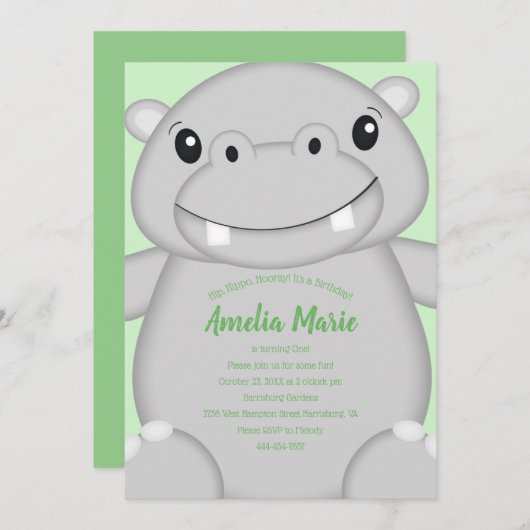 Invitation Hippo fête d'anniversaire vert (Devant / Derrière)