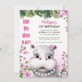 Invitation Hippo perles rose floral fille anniversaire (Devant)