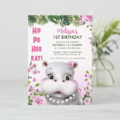 Invitation Hippo perles rose floral fille anniversaire (Debout devant)