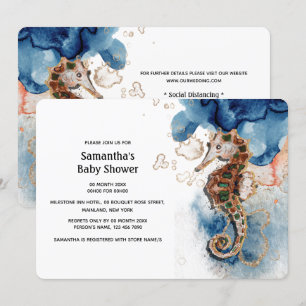 Invitation Hippocampe illustration couleur or orange marine