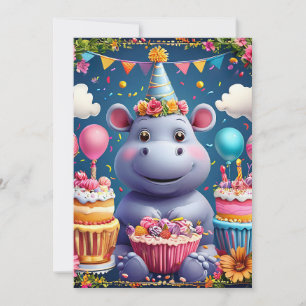 Invitation Hippopotame d'anniversaire avec gâteau et ballons
