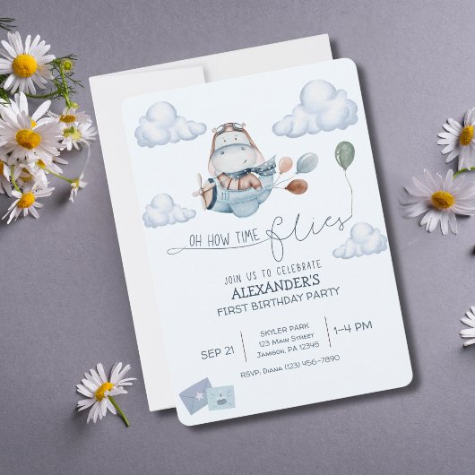 Invitation Hippopotame Mignon, Avion et Nuages, Premier Anniv