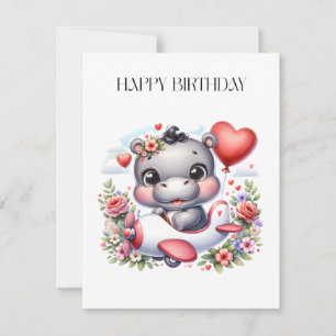 Invitation Hippopotame mignon dans un avion en forme de cœur