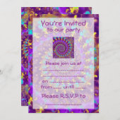 Invitation Hippy Fracty Motif violet Turquoise & Jaune (Devant / Derrière)
