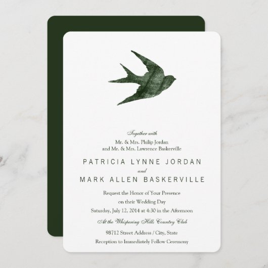 Invitation Hirondelle d'oiseaux (style Letterpress) (Devant / Derrière)