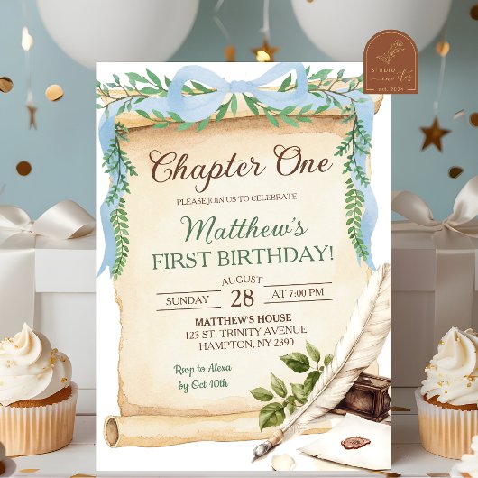 Invitation Histoire de Greenery Blue Bow Chapitre Un Annivers