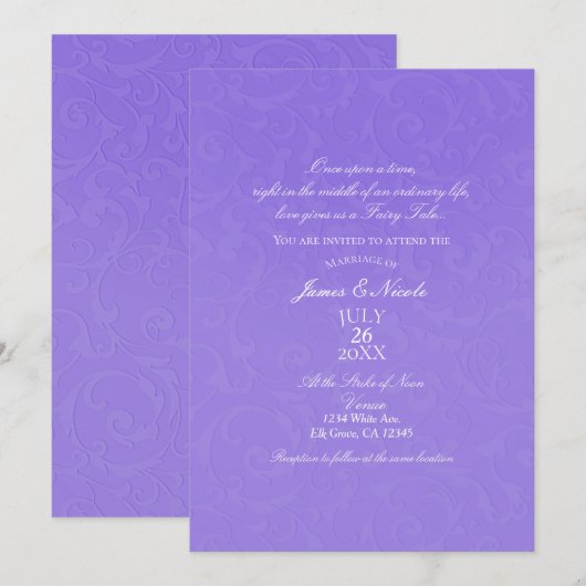 Invitation Histoire de princesse en damas violet élégant mari (Devant / Derrière)