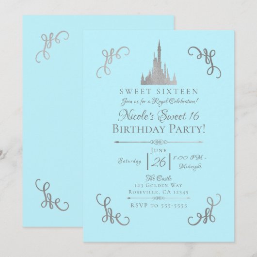 Invitation Histoire de princesse Silver & Blue douce fête des (Devant / Derrière)