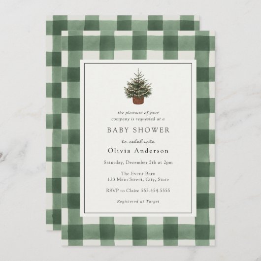 Invitation Hiver À feuillage persistant arbre Baby shower ver (Devant / Derrière)