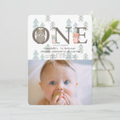 Invitation Hiver Animaux des bois Photo 1er anniversaire (Debout devant)