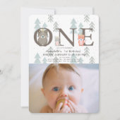 Invitation Hiver Animaux des bois Photo 1er anniversaire (Devant)