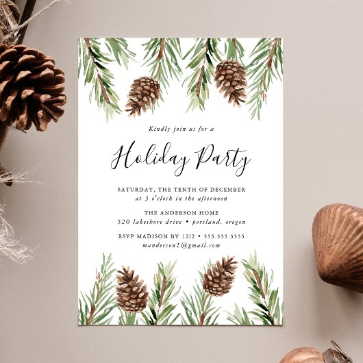 Invitation Hiver Aquarelle Pine Cone Fête
