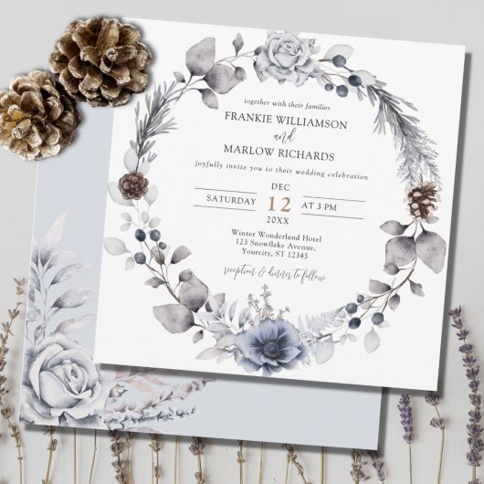 Invitation Hiver Aquarelle Pine Cône Floral Wreath Mariage