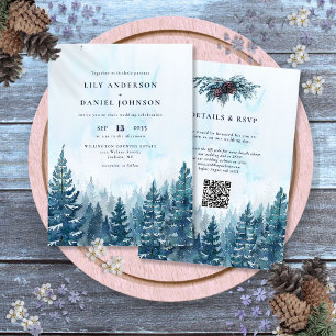 Invitation Hiver Aquarelle Pine Tree Forest Code QR Mariage